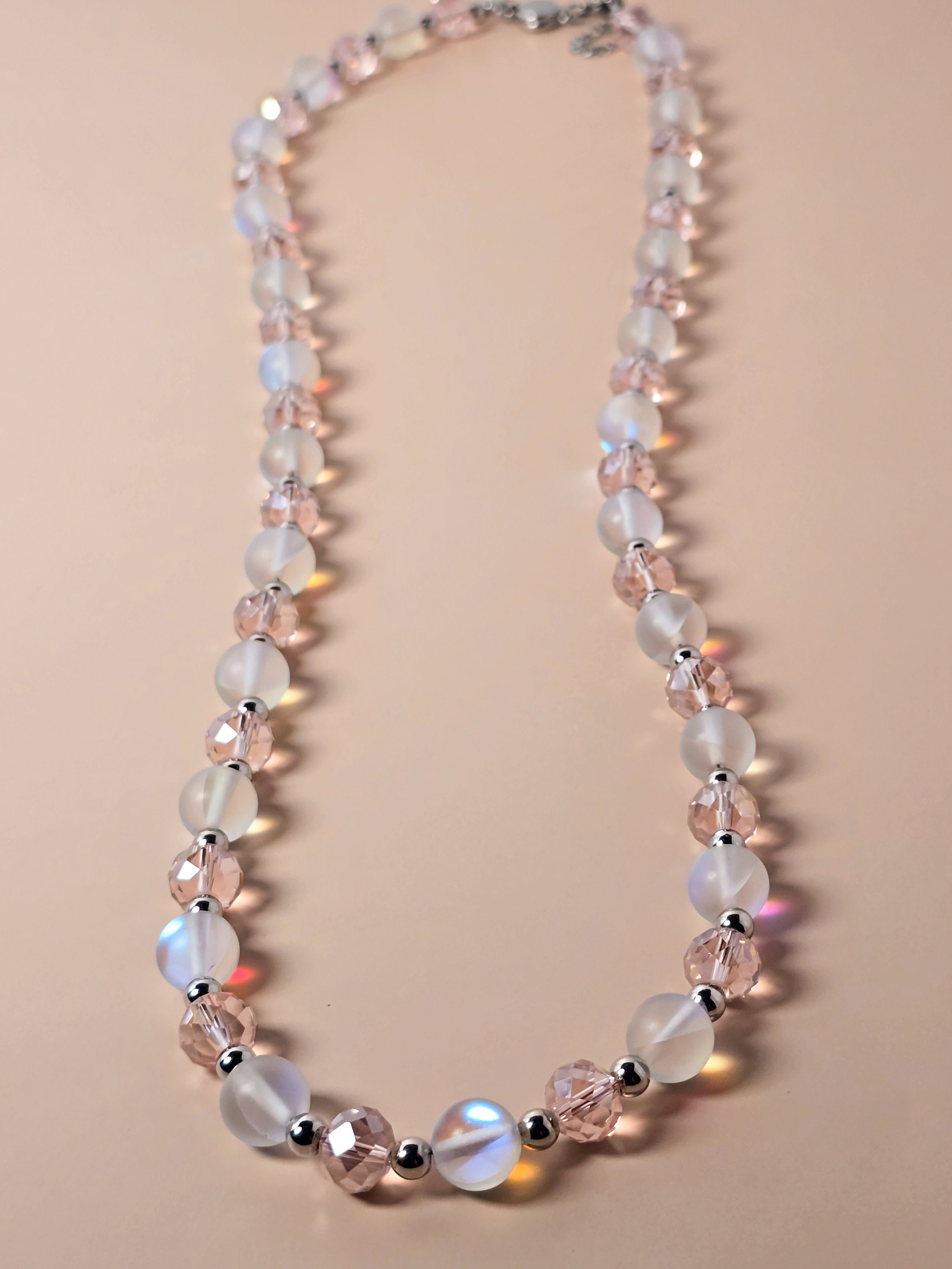 Opalite and Pink Crystal Beaded Necklace