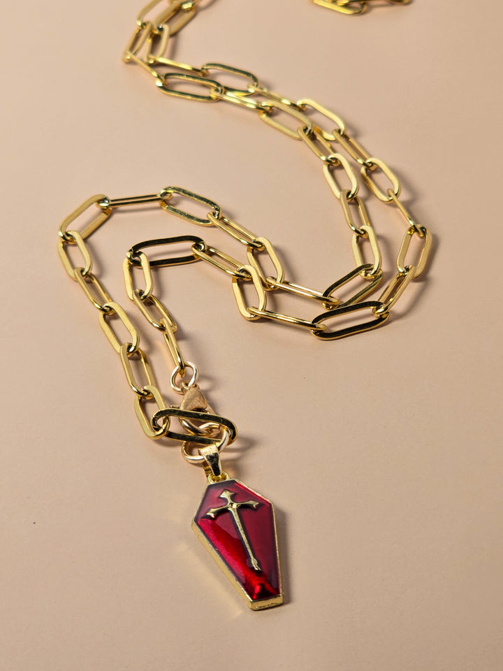 Gold Chain and Coffin Charm Necklace