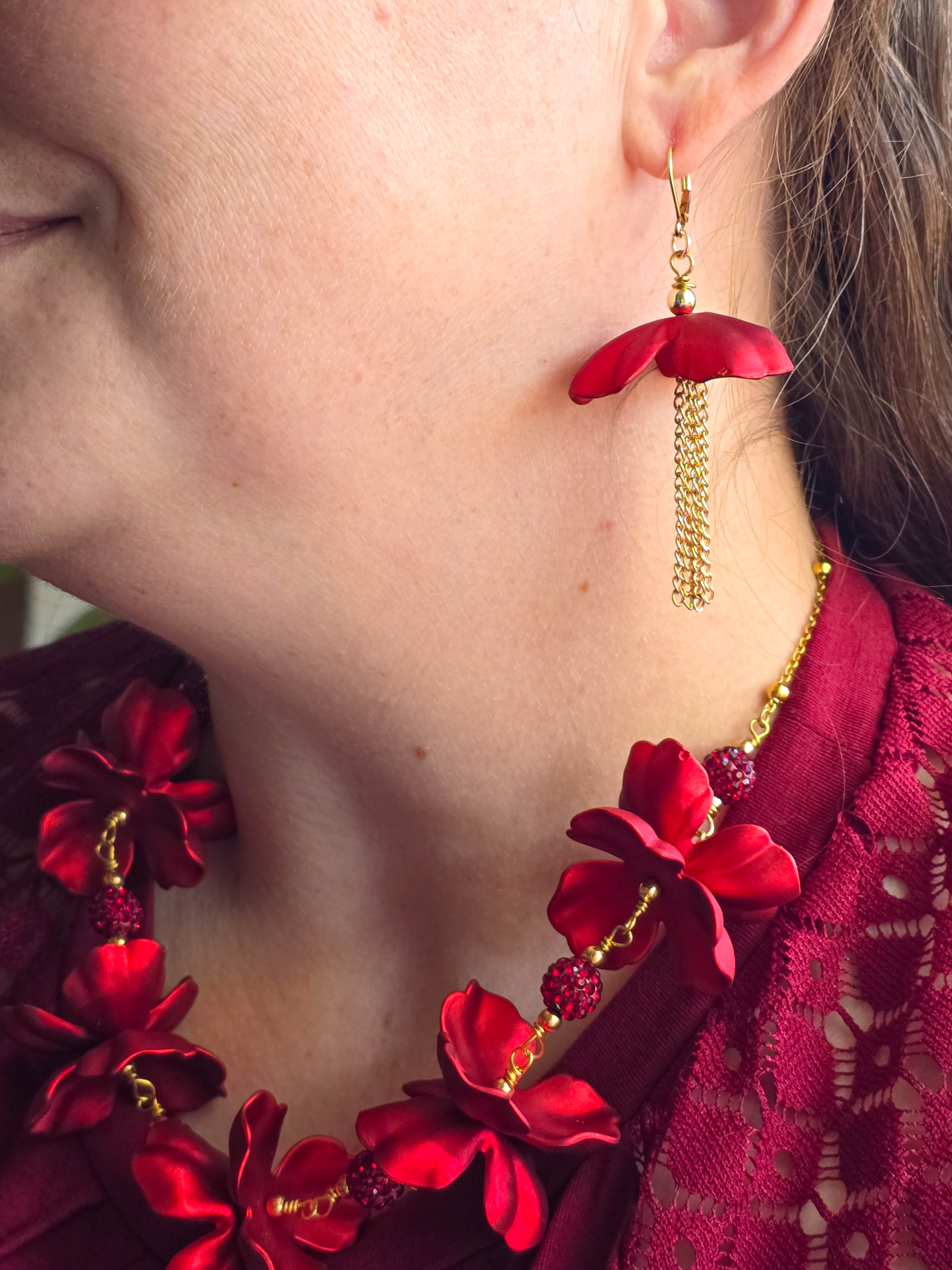 Crimson Blossom Chain Drop Earrings