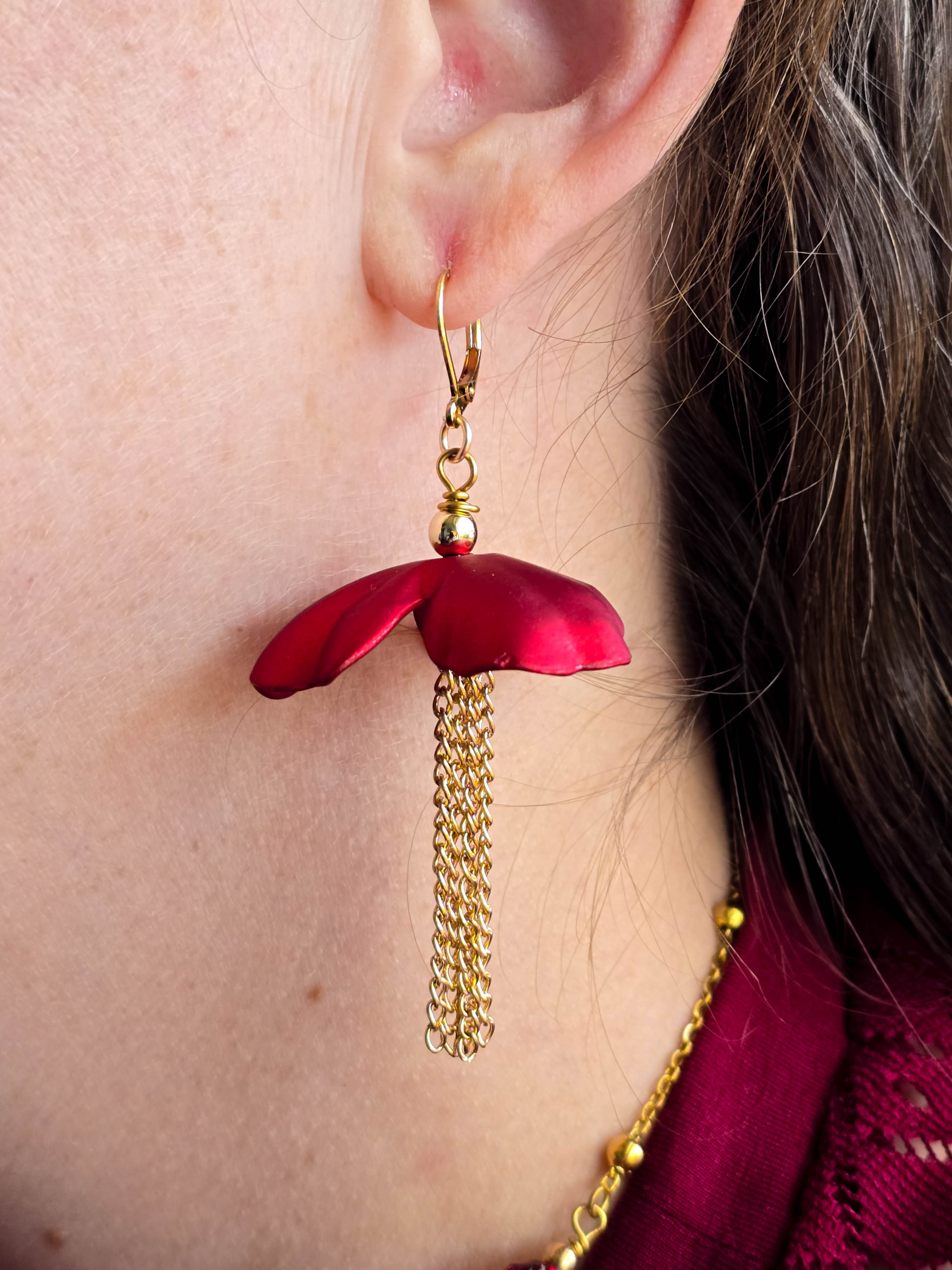 Crimson Blossom Chain Drop Earrings