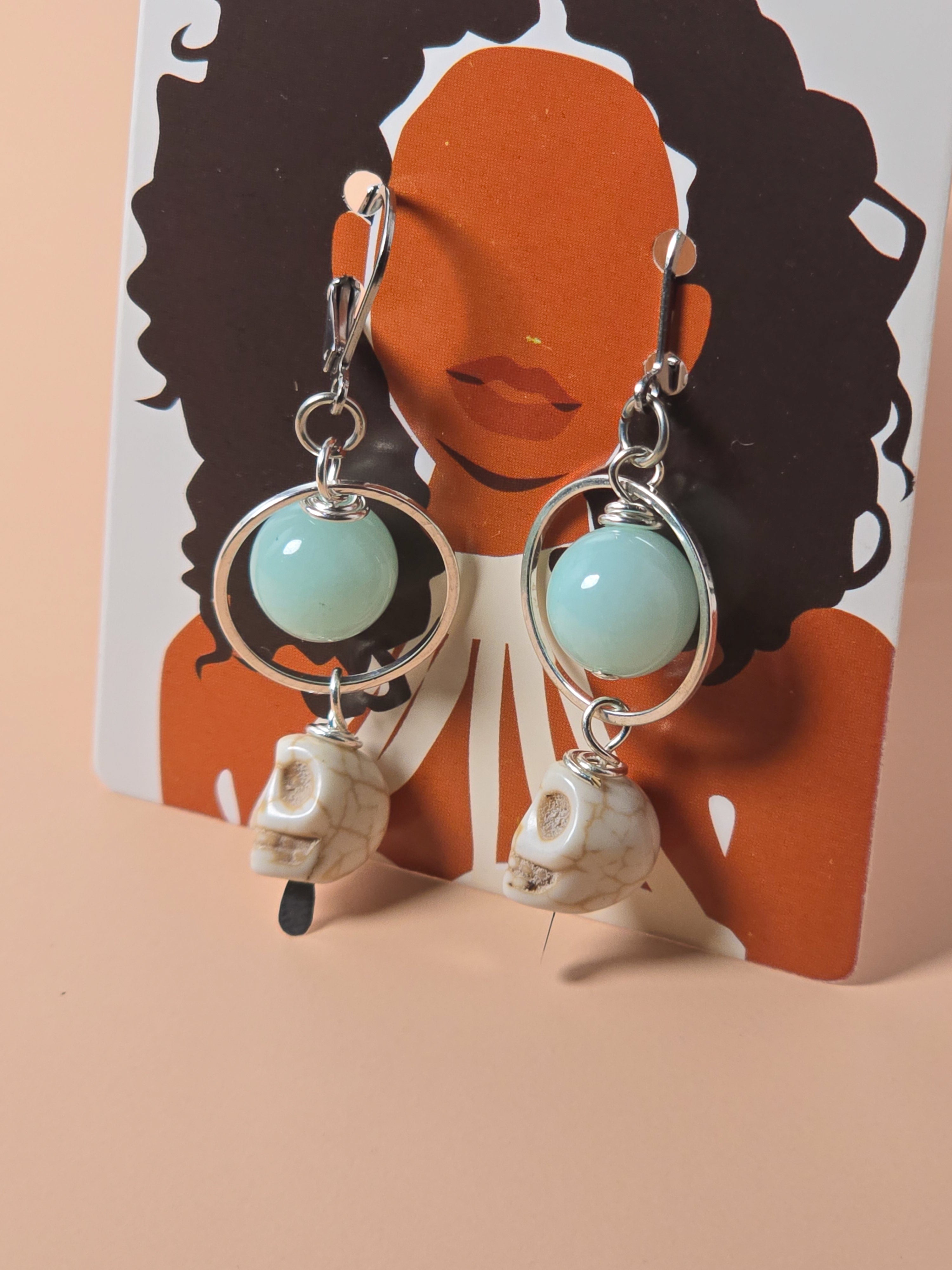 Blue Amazonite and Howlite Skull Dangle Earrings