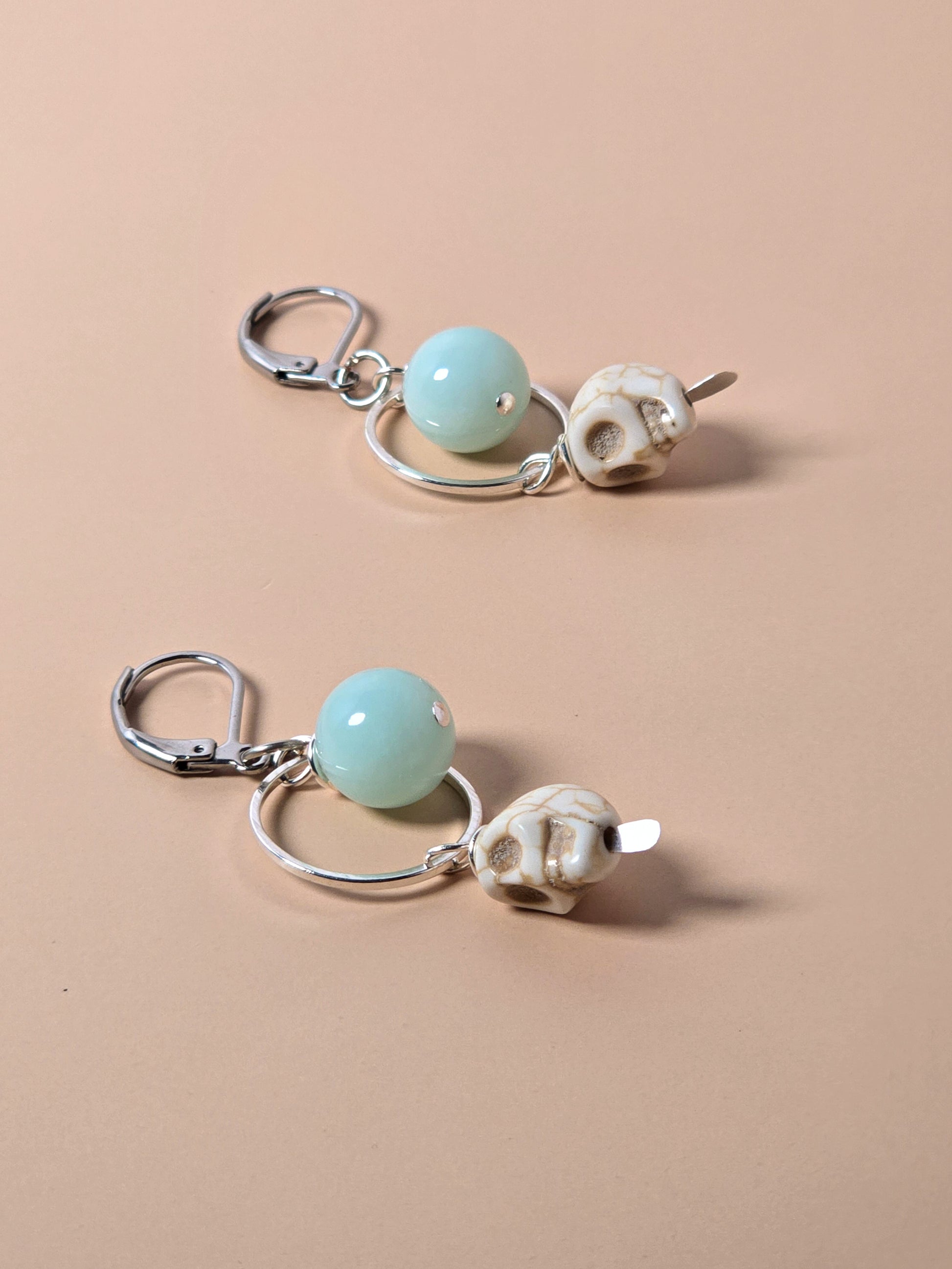 Blue Amazonite and Howlite Skull Dangle Earrings