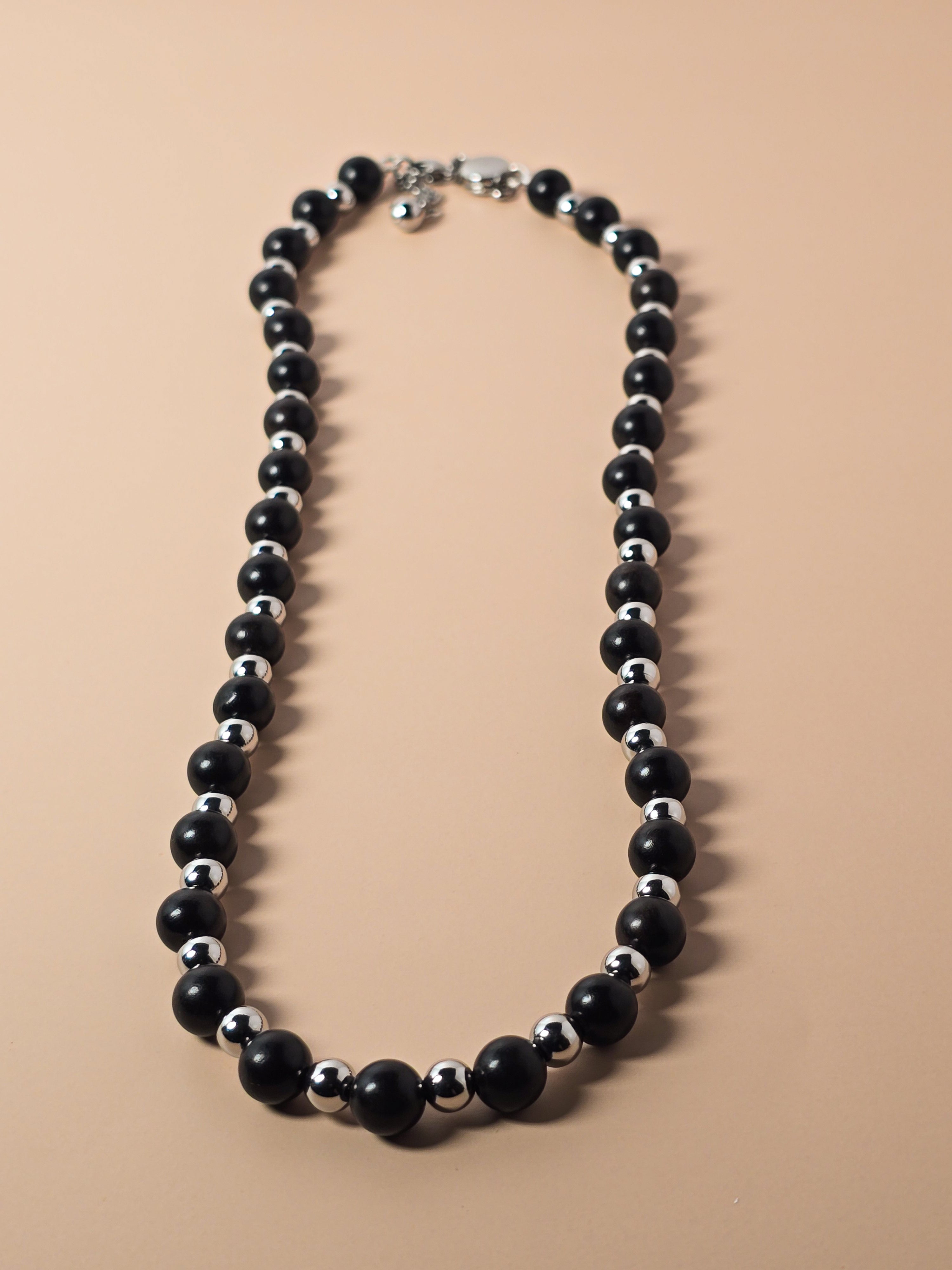 Ebony Wood and Silver Beaded Necklace