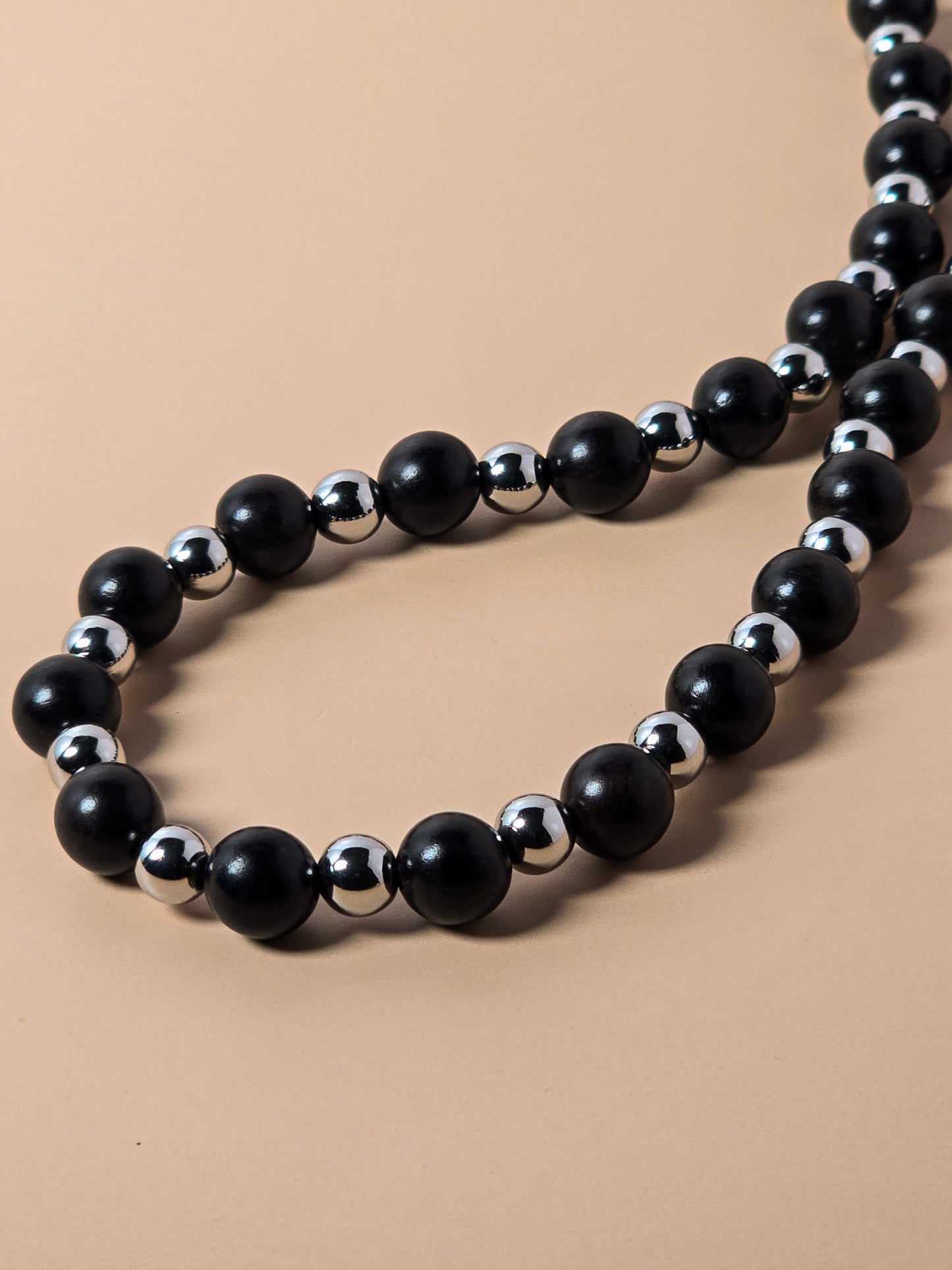 Ebony Wood and Silver Beaded Necklace