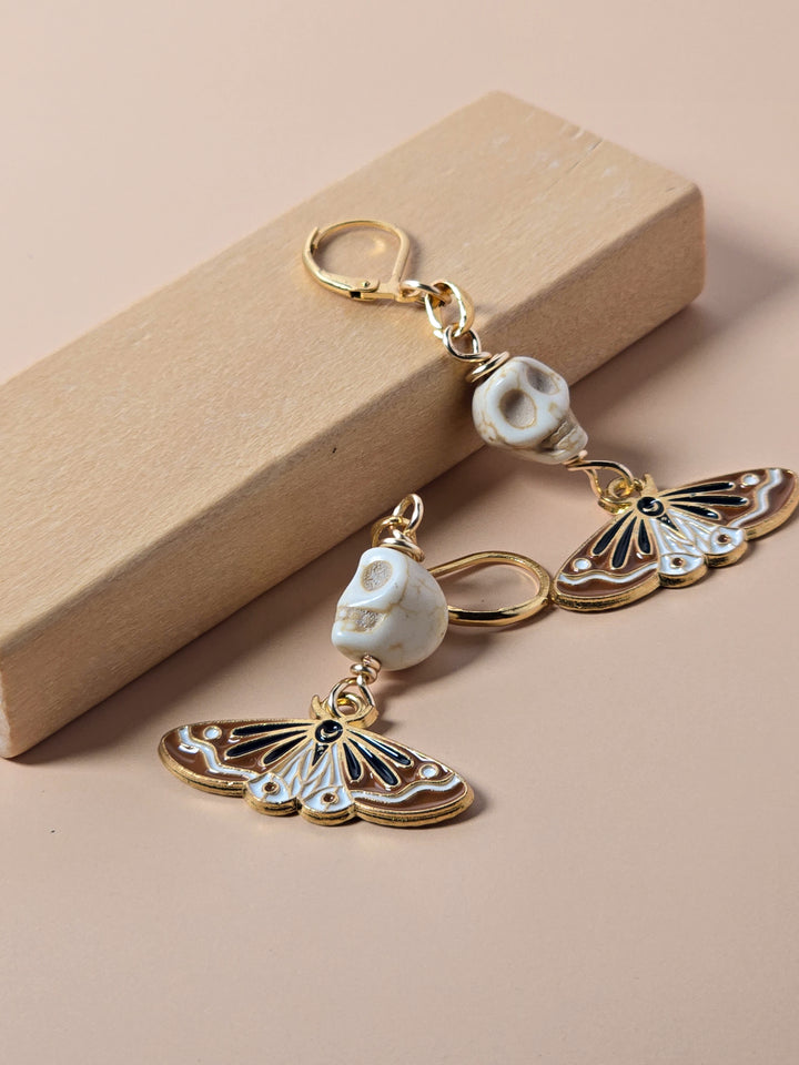 Howlite Skull and Moth Charm Earrings