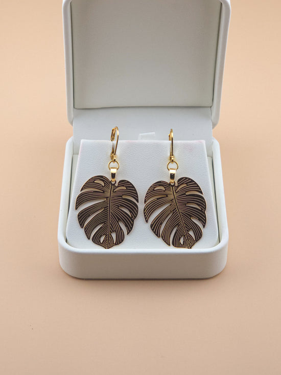 Gold Large Monstera Leaf Drop Earrings