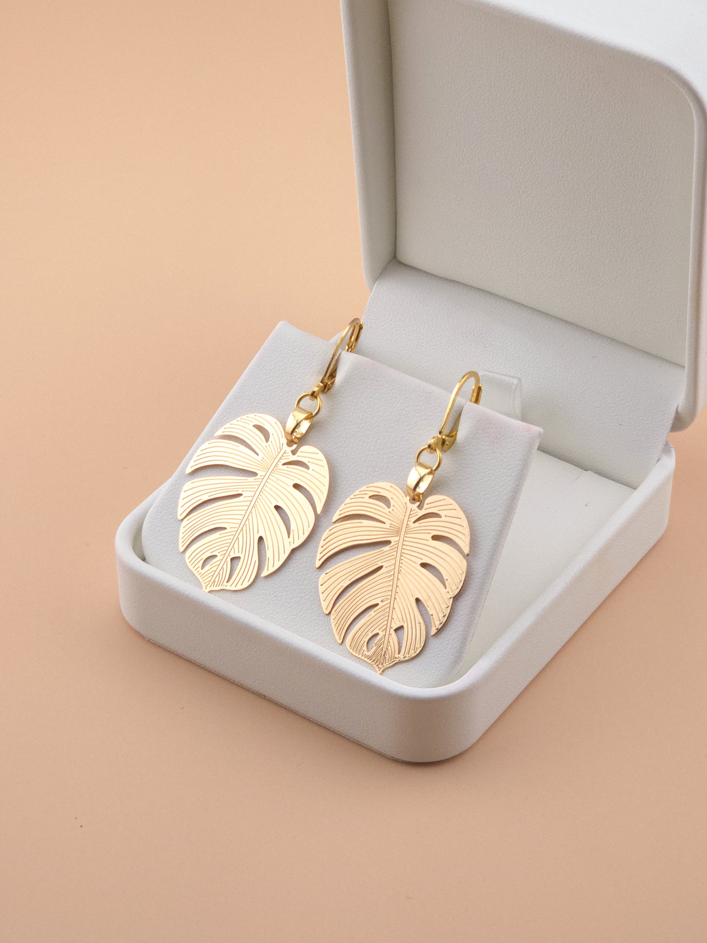 Gold Large Monstera Leaf Drop Earrings