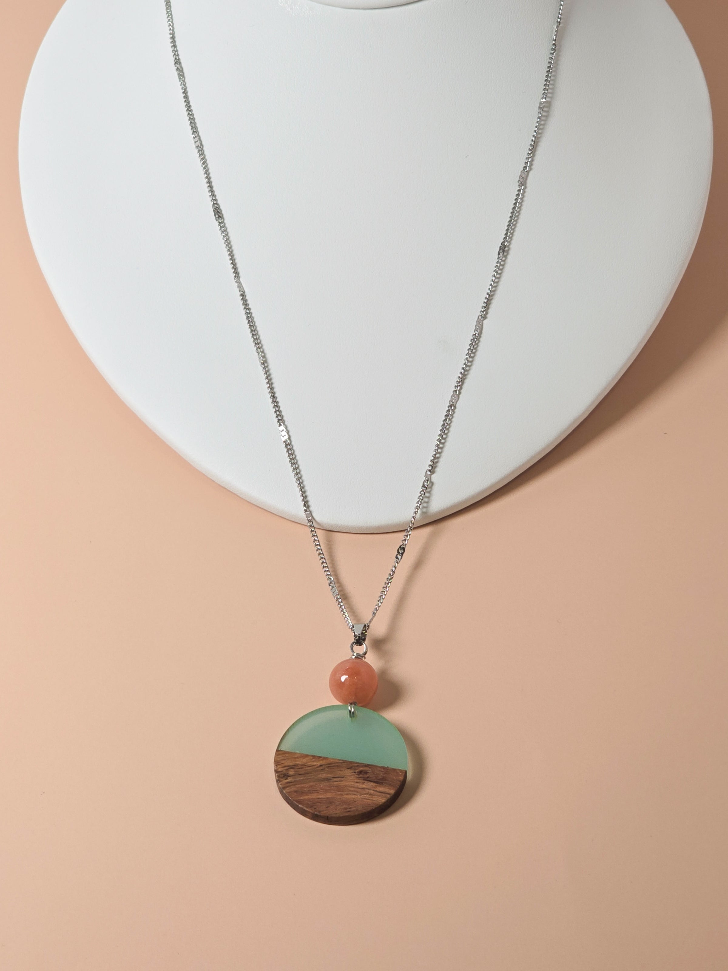 Pink Aventurine and Teal Resin Pendant Necklace