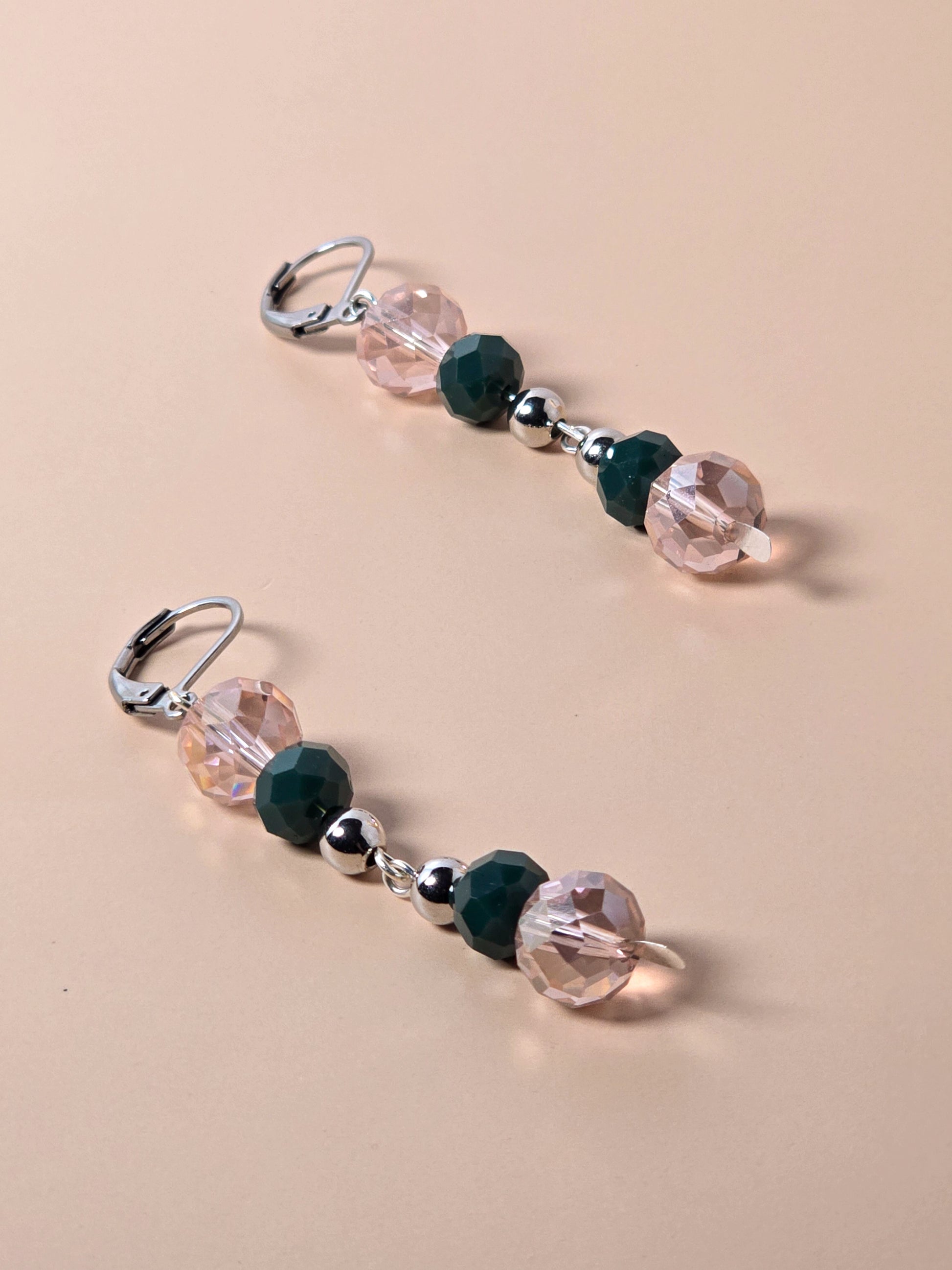 Pink Crystal and Green Glass Dangle Earrings