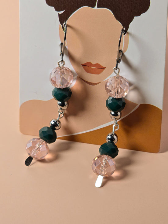 Pink Crystal and Green Glass Dangle Earrings